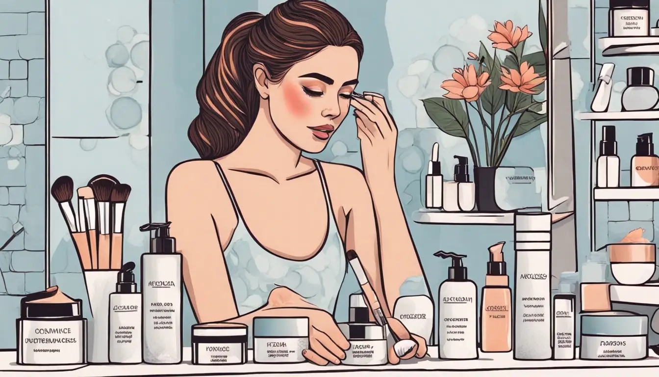 Mulher jovem aplicando creme facial em frente a um espelho com produtos cosméticos em uma bancada de mármore em um banheiro moderno.
